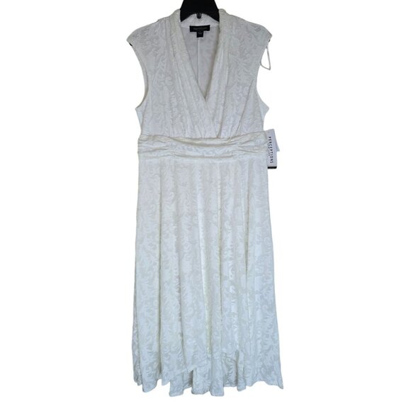 Sleeveless White Lace Pattern Dress By Perceptions New York V-Neckline Waist Tie - Picture 2 of 7